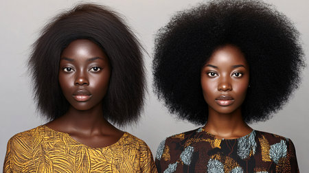 Fashion portrait of two african american women with afro hairstyleの素材