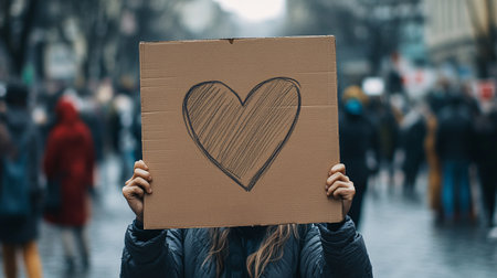 Woman holding a cardboard box with a heart shape on it in front of her faceの素材