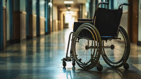 Empty wheelchair in hospital corridor. Health care and medical services concept.の素材
