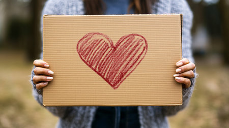 Woman holding a cardboard box with a painted heart in front of herの素材