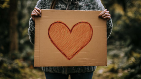 Young woman holding cardboard box with heart shape on it in the forestの素材