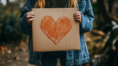 Young woman holding a cardboard box with a red heart in her hands.の素材