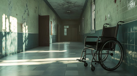 3D rendering of a wheelchair in an empty hospital corridor with no peopleの素材