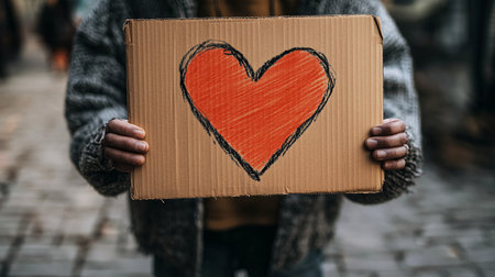 Homeless man holding a cardboard box with a red heart on the streetの素材