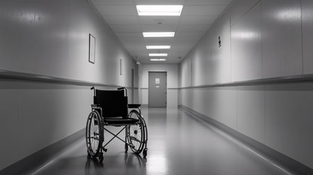 Empty wheelchair in hospital corridor. 3d rendering. Computer digital image.の素材