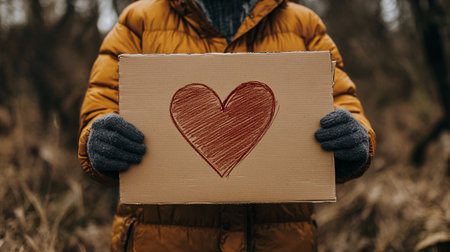 A man in a yellow jacket holds a cardboard box with a heart in his hands.の素材