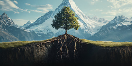 Tree growing on top of mountain. 3d rendering. Computer digital drawing.の素材