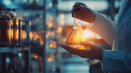 Scientist holding flask with chemical liquid in laboratory, science and chemistry conceptの素材