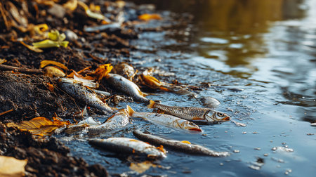 dead fish on the shore of a lake, pollution of the environmentの素材