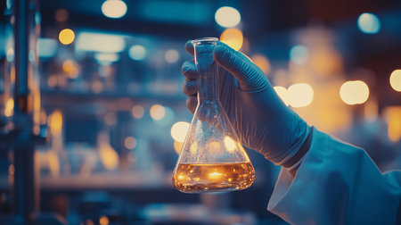 scientist hand holding flask with chemical liquid in laboratory, science research and development conceptの素材