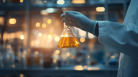 Scientist holding test tube with reagent in laboratory, science research and development conceptの素材