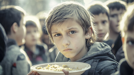 Unidentified child with a plate of food in Zagreb, Croatia.の素材