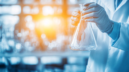 scientist hand holding flask with chemical liquid in laboratory, science research and development conceptの素材