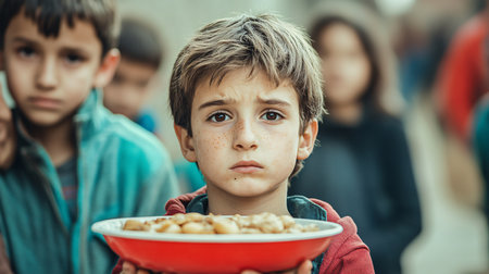 Cute little boy eating popcorn in the street. Selective focus.の素材