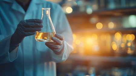 scientist holding flask with chemical liquid, science research and development conceptの素材