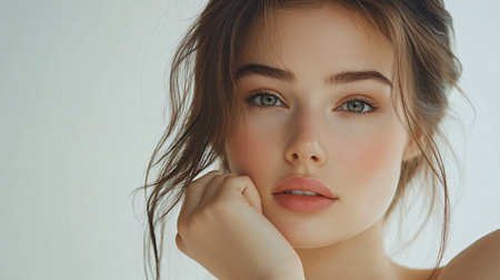 Portrait of beautiful young woman with makeup, isolated on white backgroundの素材