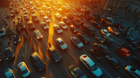 Traffic jam in the city at sunset. Traffic jam on the road.の素材