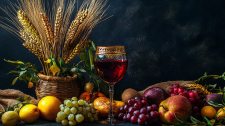 Still life with glass of wine, fruits and wheat ears on dark backgroundの素材
