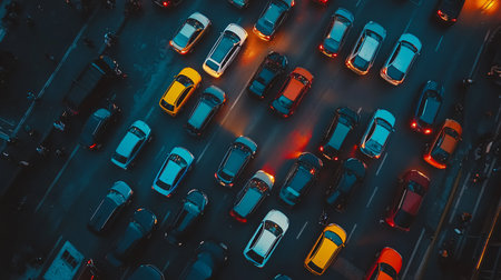 Aerial view of a traffic jam in the city at night.の素材