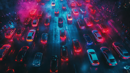 Aerial view of traffic jam in the city at night. Cars on the road.の素材