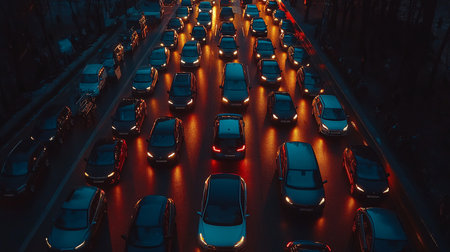 Aerial view of traffic jam with cars on the road at nightの素材