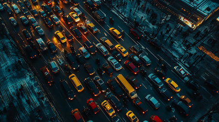 Aerial view of traffic jam in the city at night. Traffic jam in the city at nightの素材