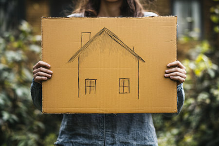 Woman holding a placard with a house drawn on it. Real estate conceptの素材