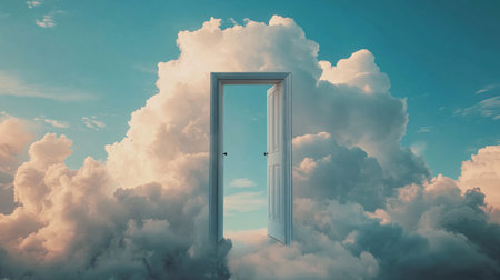 Open door to heaven against blue sky with white clouds 3D renderingの素材