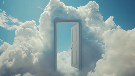 Open door in the sky with clouds, 3d render illustration.の素材