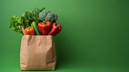 Paper bag with fresh vegetables on green background. Healthy food concept.の素材