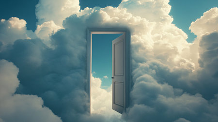 Opened door in the clouds. Conceptual image of success and hope.の素材