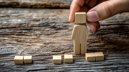 Human resource management, HR, recruitment, leadership and teambuilding. Businessman holding wooden human figure.の素材