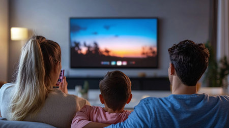 back view of family watching movie on tv at home in evening timeの素材
