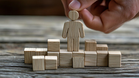 Businessman hand placing wooden block on top of the pyramid. Business success concept.の素材