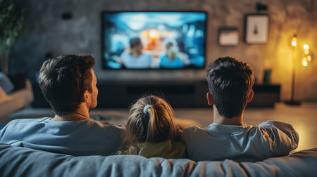 back view of father and daughter watching movie on tv in living roomの素材