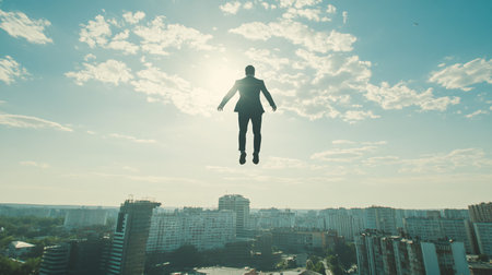 Businessman jumping over a city background. Concept of business success.の素材
