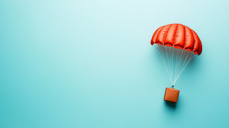 Parachute with box on blue background. Travel and vacation conceptの素材