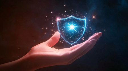 Close up of human hand holding glowing shield with shining stars on dark backgroundの素材