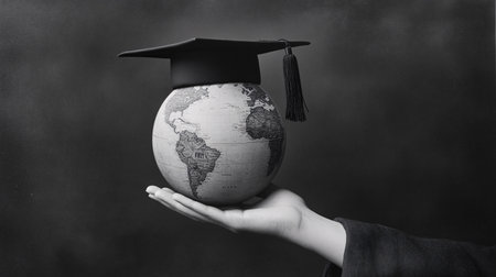 Black and white image of a female hand holding a globe with a graduation cap.の素材
