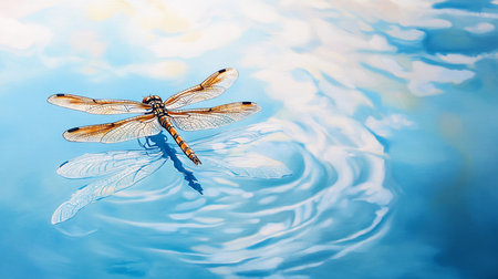 Dragonfly on blue water background. Beautiful dragonfly in water.の素材