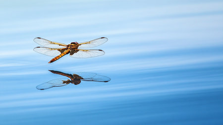 Dragonfly on blue water with reflection in the water. Copy space.の素材