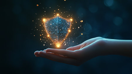 Close up of hand holding glowing shield icon on dark background 3D renderingの素材