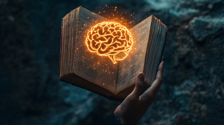 Close up of human hand holding open book with glowing brain on dark backgroundの素材
