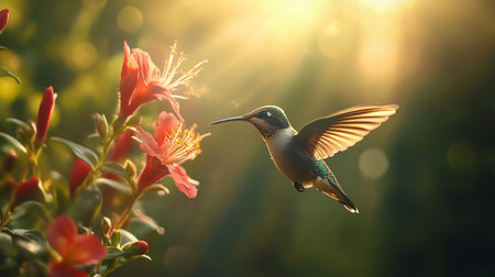 Ruby-throated Hummingbird (archilochus colubris) in flight with flowers in the backgroundの素材