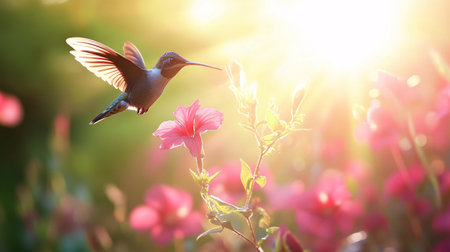 Hummingbird flying in the flower garden. Wildlife scene from tropics.の素材