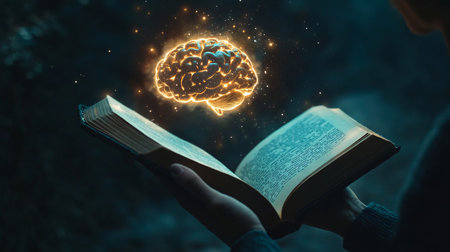 Close up of human hand holding opened book with glowing brain on dark backgroundの素材