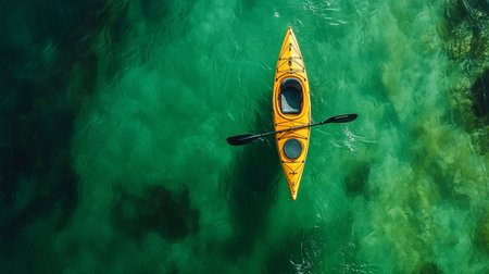Aerial view of a kayak on the turquoise waterの素材