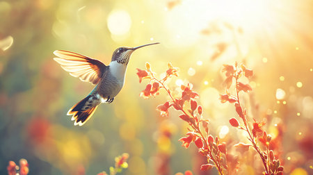 Hummingbird in flight over the meadow. Nature background.の素材
