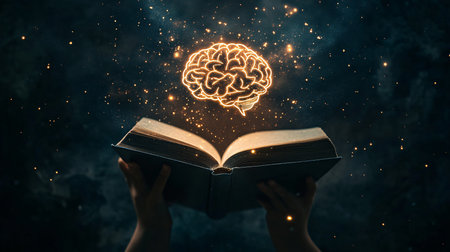 Open book with glowing brain on dark background. Brainstorming conceptの素材