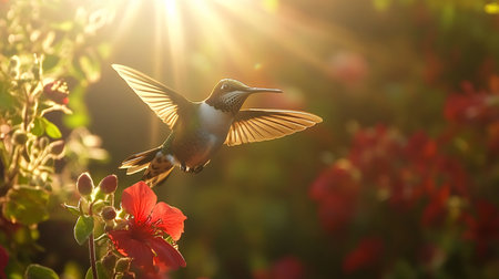 Female Ruby-throated Hummingbird (archilochus colubris) in flight with a red flower in the backgroundの素材